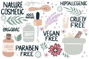 Organic natural cosmetics. Vials, tubes and sign eco cosmetics. vector