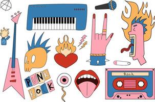 un conjunto de rock y metal objetos. cantante y musical instrumentos punk rock ilustración. vector