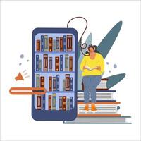 un teléfono inteligente con libros en el estantes. el concepto de e-aprendizaje. audio libro biblioteca vector