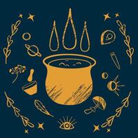 Witch's cauldron and witch's ingredients. Illustration of magic. Creating a potion. The occult. Spiritualism. Performing witchcraft. For T-shirts, notebooks, covers, printing. vector