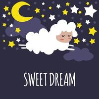 Cute sheep in cartoon style sleeps against the background of the starry sky and clouds. Wishing you good dreams. vector