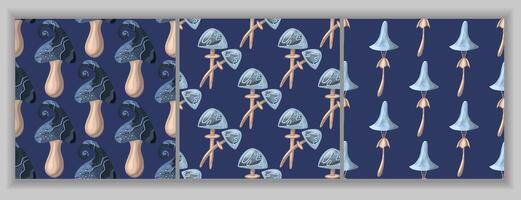 Set of seamless patterns of fantastic moonlight mushrooms. Magical night mushrooms. A pattern with glowing blue toadstools and fly agarics vector