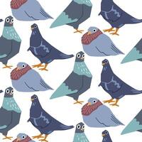 Seamless pattern with the image of pigeons. A variety of dave in different poses. Vector illustration.