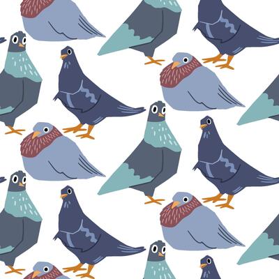 Seamless pattern with the image of pigeons. A variety of dave in different poses. Vector illustration.