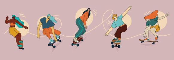 muchachas paseo en patinetas patinar mujer colocar. ilustración de muchachas con patineta y longboard haciendo acrobacias y trucos en patinetas joven patinadores. vector