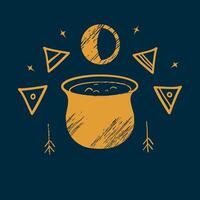 The witch's cauldron and witch signs. Illustration of magic. Creating a potion. Occultism. Performing witchcraft. Yellow illustration of magic, witchcraft, another world on a blue background. vector