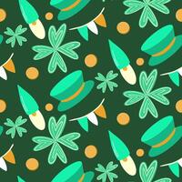 Seamless pattern for St. Patrick's Day with clover, coins, the flag of Ireland and leprechauns. vector