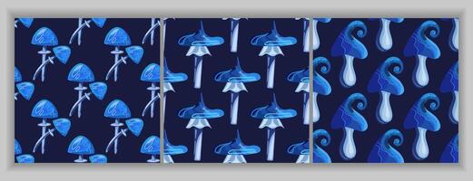 A set of seamless patterns of blue neon mushrooms. Magic and magic mushrooms. Fluorescent glowing toadstools and fly agarics vector