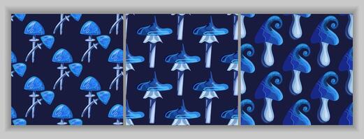 A set of seamless patterns of blue neon mushrooms. Magic and magic mushrooms. Fluorescent glowing toadstools and fly agarics vector