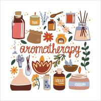 Illustration of aromatherapy and essential oils. Incense sticks, spa candles and herbs. vector