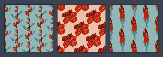 A set of seamless patterns with hibiscus flowers. Hibiscus bud and hibiscus branch. Ornament for textiles vector