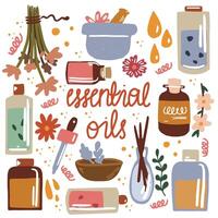 Vector illustration of essential oil. Bottles of oil and ingredients for relaxation, aromatherapy and massage.