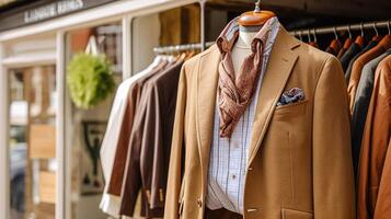 AI generated Menswear store in English countryside style, autumn winter clothing collection photo