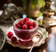 AI generated Raspberry jam and raspberries in a crystal bowl, country food and English recipe idea for menu, food blog and cookbook photo