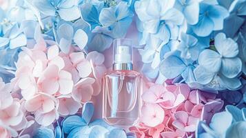 AI generated Perfume bottle in flowers, fragrance on blooming background, floral scent and cosmetic product photo