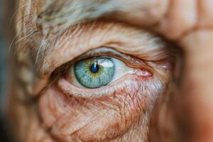 ai generado realista cerca arriba Disparo hermosa natural azul triste mayor masculino ojo. arrugas, envejecimiento piel. ojos son el espejo de el alma foto