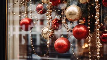 AI generated Christmas decoration details on English styled luxury high street city store door or shopping window display, holiday sale and shop decor photo