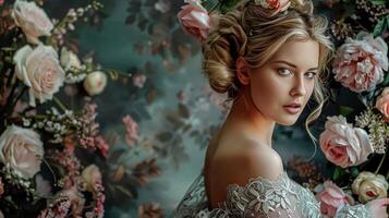 AI generated Serene woman amidst floral splendour, bridal beauty style, wedding fashion look and glamour hairstyle photo