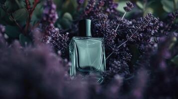 ai generado perfume botella en flores, fragancia en floreciente fondo, floral olor y cosmético producto foto