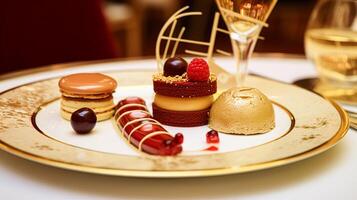 AI generated Food, dessert and hospitality, sweet desserts in restaurant a la carte menu, English countryside exquisite cuisine, culinary art and fine dining photo