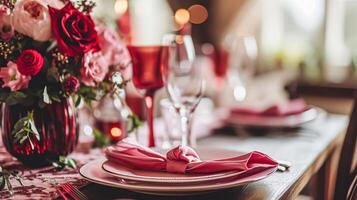 AI generated Valentines day tablescape and table decor, romantic table setting with flowers, formal dinner and date, beautiful cutlery and tableware photo