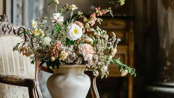 ai generado primavera flores en Clásico florero, hermosa floral acuerdo, hogar decoración, Boda y florista diseño foto