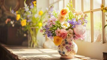 AI generated Spring flowers in vintage vase, beautiful floral arrangement, home decor, wedding and florist design photo