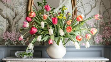 AI generated Spring flowers in vintage vase, beautiful floral arrangement, home decor, wedding and florist design photo