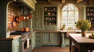 AI generated Cottage kitchen decor, sage green interior design and country house, in frame kitchen cabinetry, sink, stove and countertop, English countryside style photo