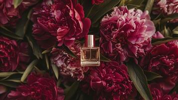 AI generated Perfume bottle in flowers, fragrance on blooming background, floral scent and cosmetic product photo