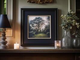 AI generated Black art frame in the elegant interior, wall and home decor photo