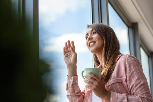 atractivo mujer de negocios Bebiendo un café mientras en pie a un ventana en un oficina con vista a el ciudad foto