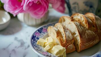 ai generado un pan y manteca, hecho en casa horneando y tradicional alimento, país vida foto