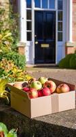 ai generado comida entrega, postal Servicio y en línea tienda de comestibles compras, Fruta caja con Fresco orgánico frutas desde un local granja en un casa peldaño en el campo, generativo ai foto