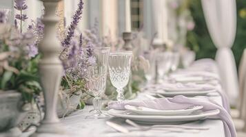 ai generado Boda decoración con lavanda tema, floral decoración diseño y hermosa decoración ajuste arreglo foto