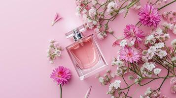 AI generated Perfume bottle in flowers, fragrance on blooming background, floral scent and cosmetic product photo