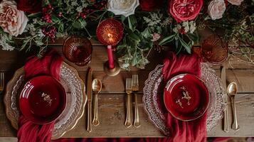 AI generated Valentines day tablescape and table decor, romantic table setting with flowers, formal dinner and date, beautiful cutlery and tableware photo
