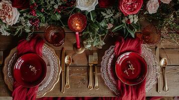 ai generado san valentin día paisaje de mesa y mesa decoración, romántico mesa ajuste con flores, formal cena y fecha, hermosa cuchillería y vajilla foto