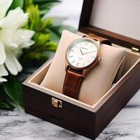 AI generated Luxury mens watch case box as a holiday gift for him, bespoke product design photo