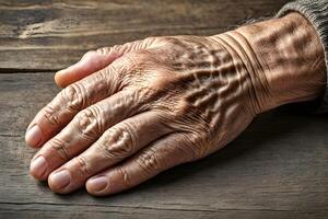 AI generated An old man showing his hand in close up suffering Parkinson disease photo