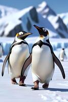 ai generado dos pingüinos son caminando en glaciar isla durante invierno foto