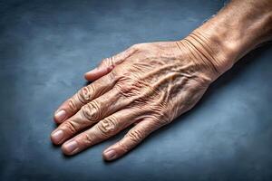 AI generated An old man showing his hand suffering Parkinson disease photo