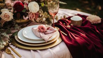 AI generated Wedding and event celebration tablescape with flowers, formal dinner table setting with roses and wine, elegant floral table decor for dinner party and holiday decoration, home styling photo