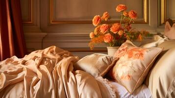 AI generated Bedroom decor, interior design and autumnal home decor, bed with silk satin bedding, bespoke furniture and autumn decoration, English country house, holiday rental and cottage style photo