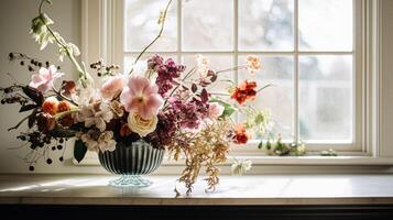 AI generated Floral arrangement with winter, autumn or early spring botanical plants and flowers photo