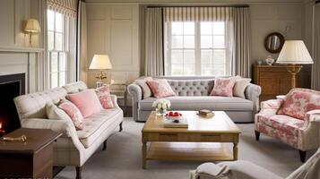 AI generated Interior design, home decor, sitting room and living room, white sofa and furniture in English country house and elegant cottage style photo