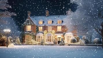 AI generated Christmas in the countryside manor, English country house mansion decorated for holidays on a snowy winter evening with snow and holiday lights, Merry Christmas and Happy Holidays photo