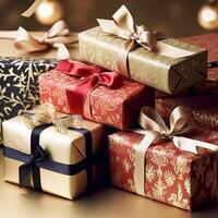 ai generado fiesta regalos y regalos, país cabaña estilo envuelto regalo cajas para boxeo día, Navidad, san valentin día y Días festivos compras venta, belleza caja entrega foto