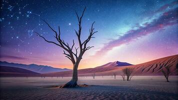 AI generated dry trees in the middle of the desert with a beautiful twilight sky video