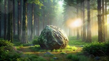 AI generated large rock in the middle of the forest with fresh green plants video